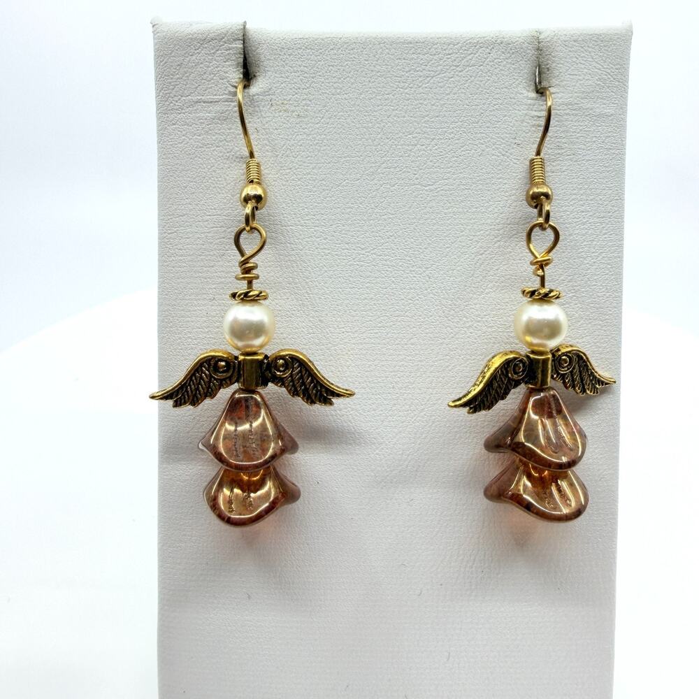 Vintage Angel Dangle Earrings Gold Tone Faux Pearl Lucite Drop Whimsigoth Y2K